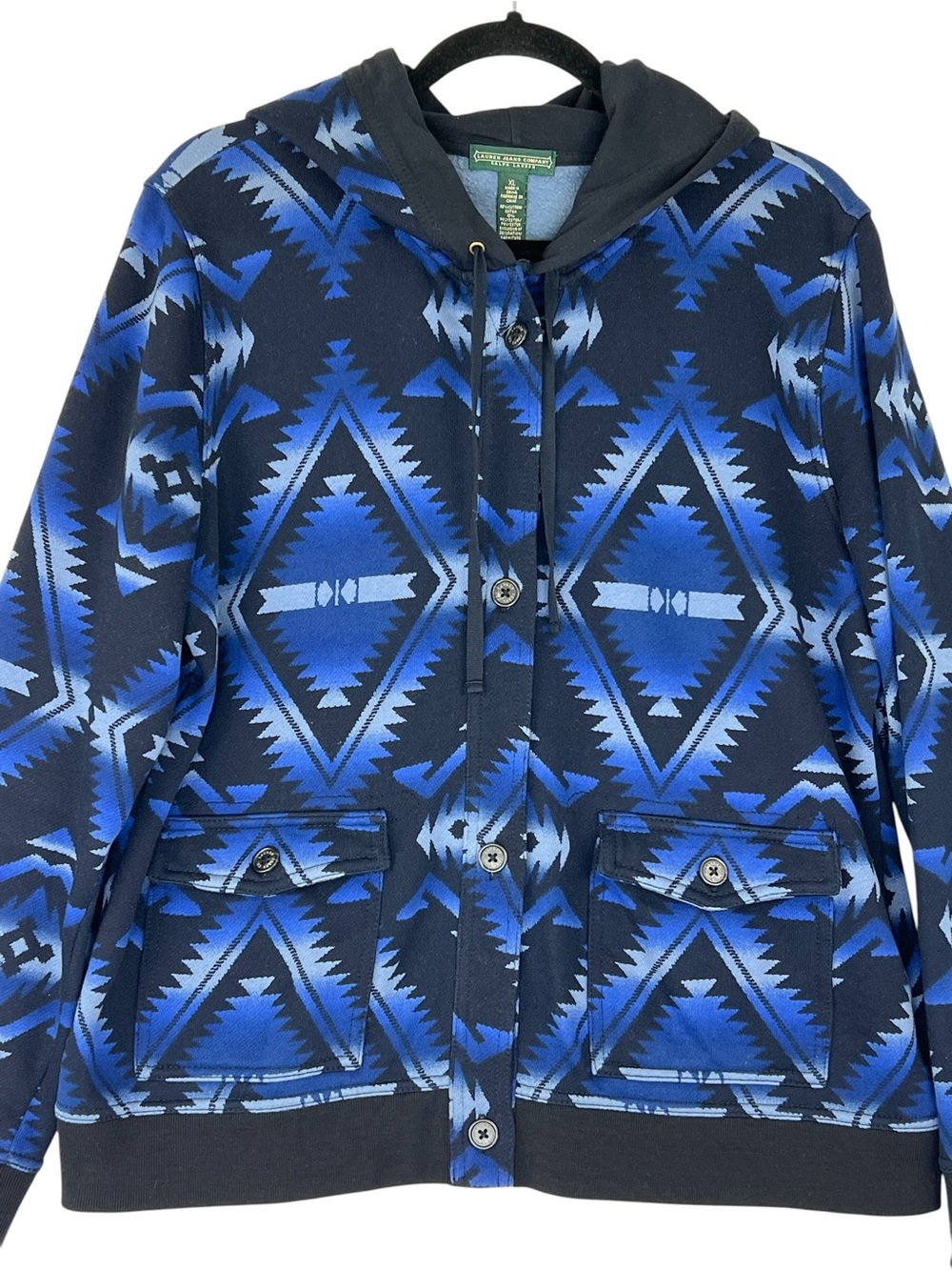 LRL Lauren Ralph Lauren Jacket XL Southwest Aztec Button Hood Blue Fleece Womens